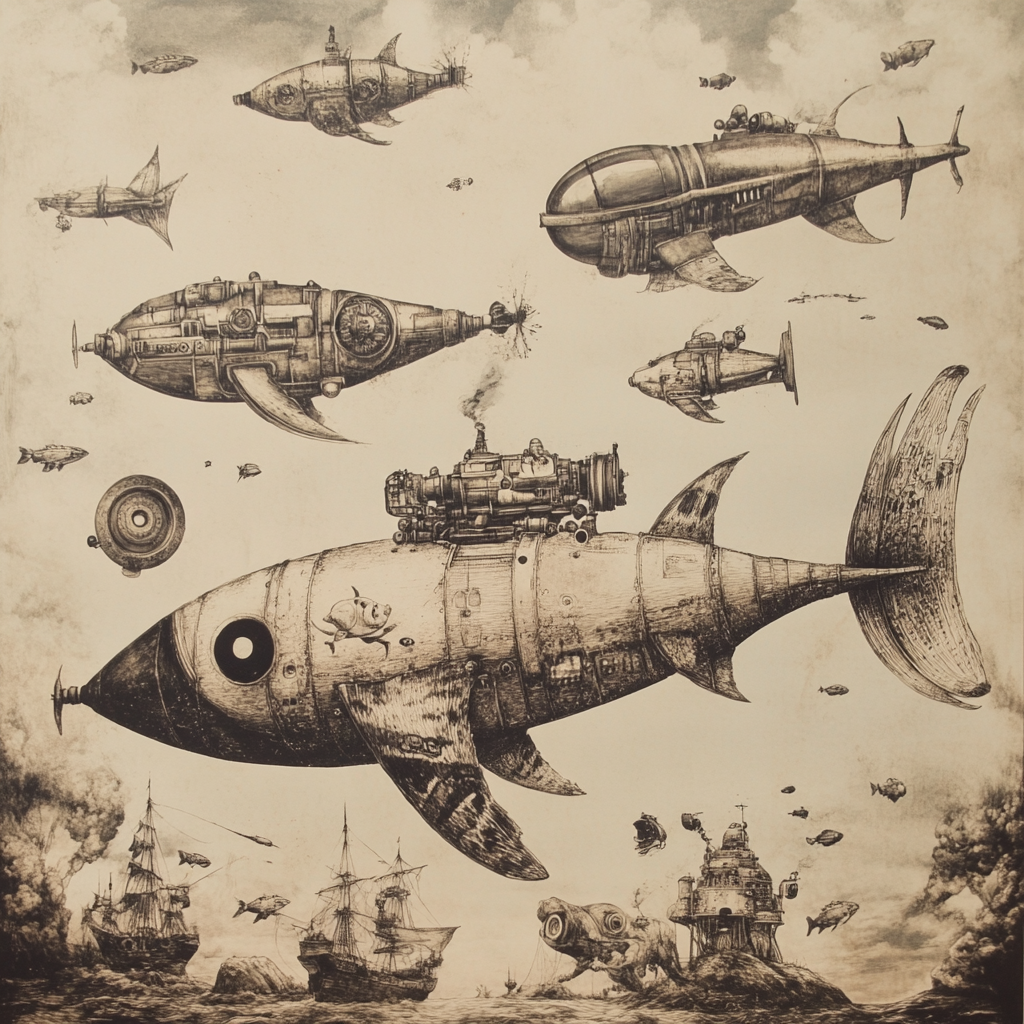 
Lithograph, Style of a air traffic surrealist for sea animals flying in other planet | Spaceships | Peace | SteamPunk